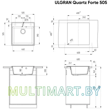 Кухонная мойка Ulgran Quartz Forte 505 (07 уголь) картинка 2